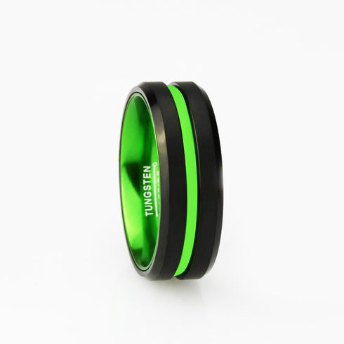 London Manori Black Tungsten Ring with Green Grooved Center
